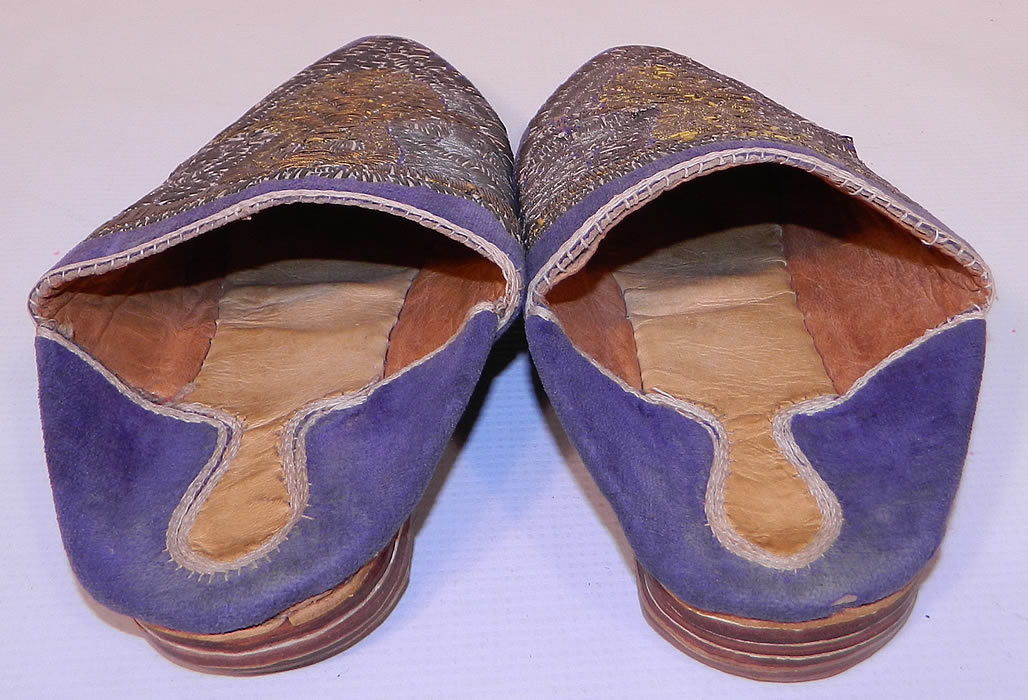 Vintage Moroccan Ladies Mules Cherbil Metal Embroidery Velvet Slipper Shoes. They are made of purple velvet, with hand embroidered gold   and silver gilded wire thread embroidery couching needlework.