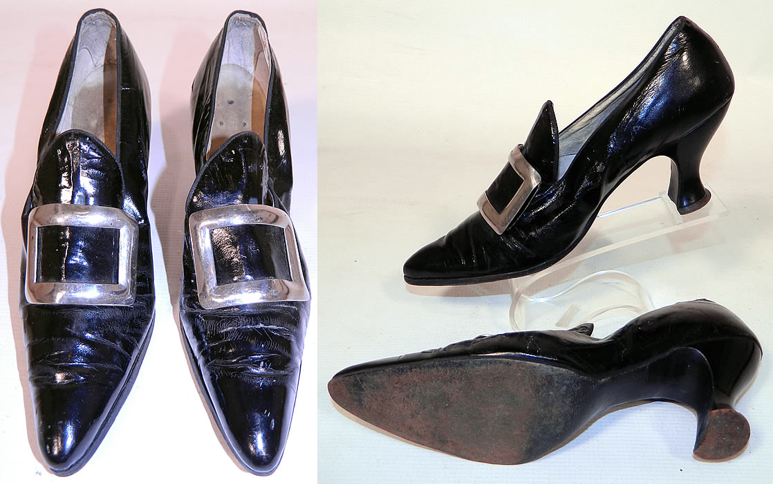 Edwardian Black Patent Leather Silver Buckle Pilgrim Witch Style Shoes. My guess on size would be about a 7 narrow width. They have been gently worn and are in good condition, with only some minor scuffing. These  are truly a wonderful quality made shoe! 