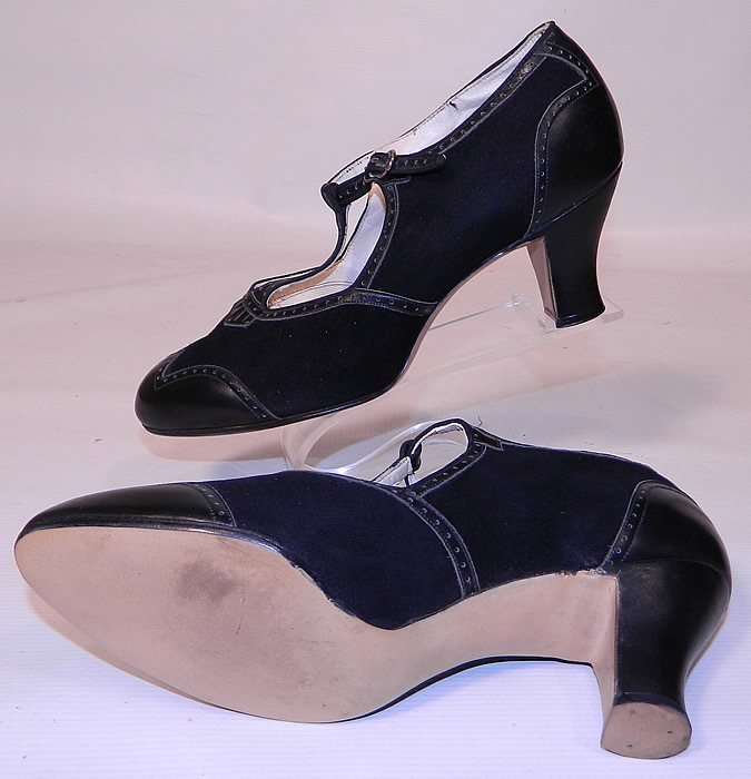 Unworn Vintage Active Maid  Brand Black Suede Leather  T-Strap Shoes. They have never been  worn and are in excellent condition. These are truly a wonderful piece of wearable Art Deco shoe art!