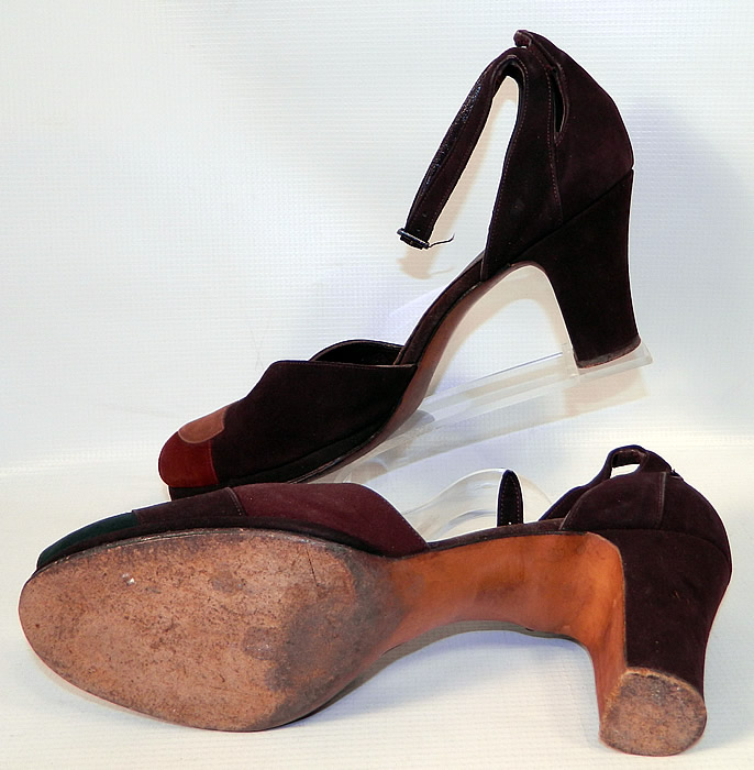 Vintage Troylings Patchwork Brown  Green Suede Leather  Ankle Strap Shoes. The shoes measure 11 inches long, 3 inches wide, with 3  inch high heels. I would approximate the size to a US 8 or 9.