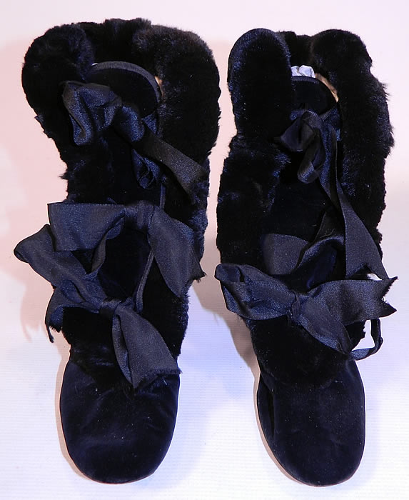 Victorian Black Velvet Fur Trim Winter Carriage Boots. The boots measure 10 inches tall, 10 inches long and 3 inches wide. 