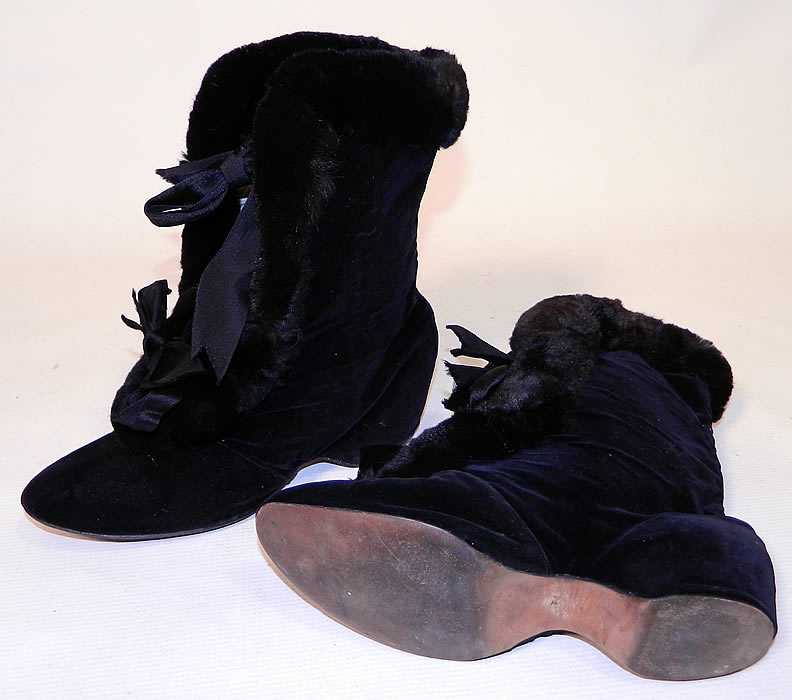 Victorian Black Velvet Fur Trim Winter Carriage Boots. They are in good condition and have been gently worn and are missing one silk ribbon tie lacing. 