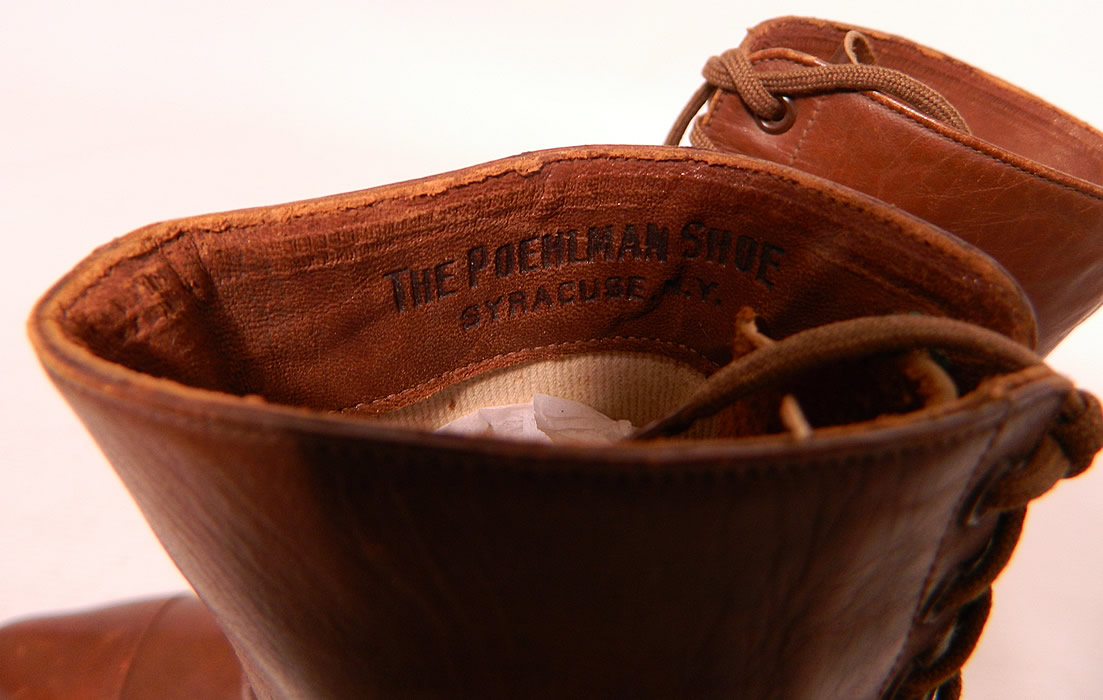 Unworn Victorian Brown Leather High Top Lace-up Boots Poehlman Shoe Co. They are stamped inside "The Poehlman Shoe  Syracuse, N.Y.  The boots measure 9 inches tall, 10 inches long, 2 1/2 inches wide, with 1 1/2 inch high heels.