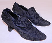 Vintage JW Robinson Co Los Angeles Edwardian Black Silk Damask Brocade Tongue Shoes