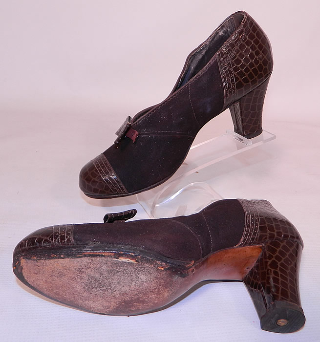 Vintage Brown Suede Leather Faux Alligator Print Bow Trim Swing Dance Shoes. The shoes measure 10 1/2 inches long, 3 inches wide, with 3 inch high heels. I would approximate the size to a US 8. 