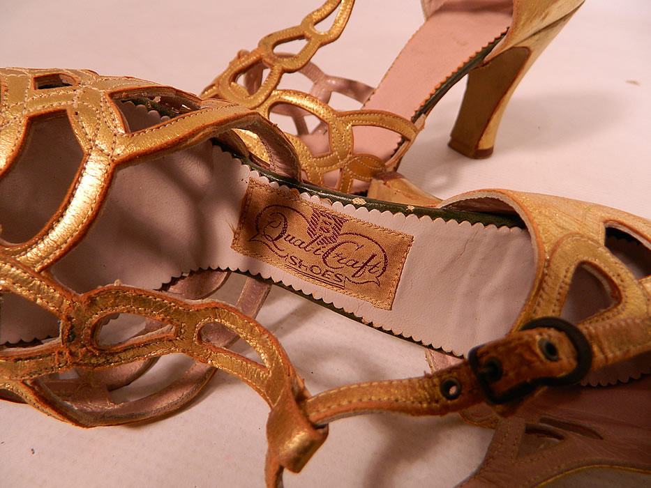 Vintage Quali Craft Art Deco Gold Leather Ring Chain Link Lattice T-Strap Shoes. There is a "Quali Craft Shoes" label inside.