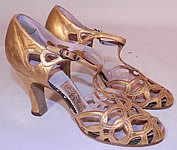 Vintage Quali Craft Art Deco Gold Leather Ring Chain Link Lattice T-Strap Shoes