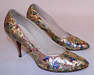 Vintage Galliano Gold Leather Botanical Hummingbird Print Stiletto Heel Shoes