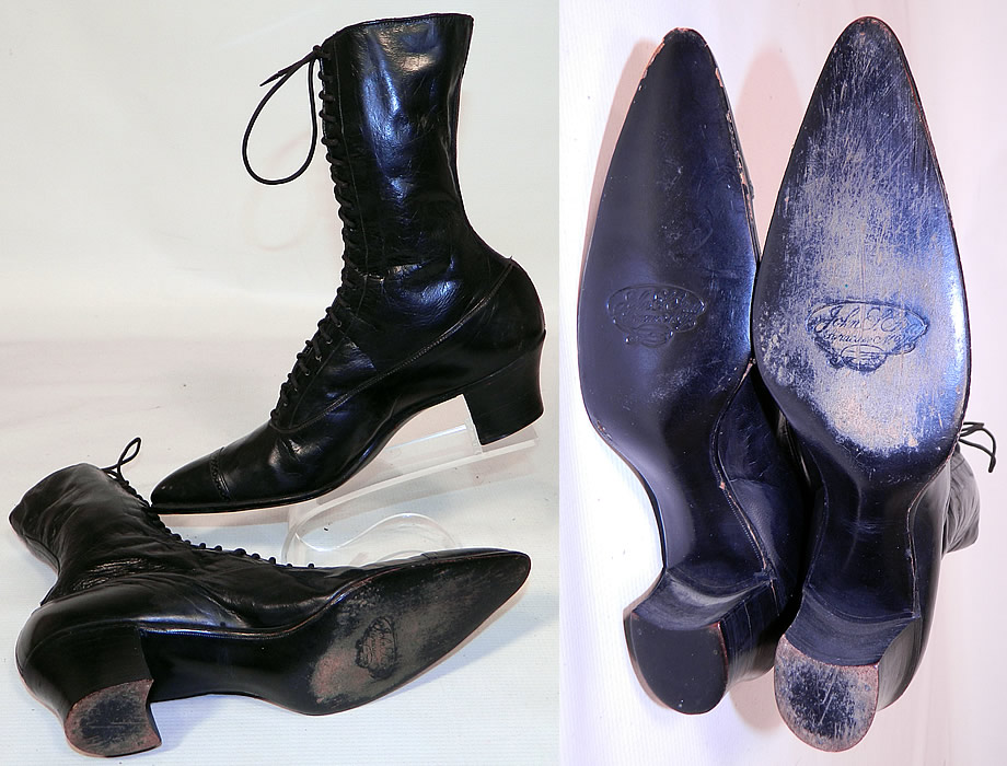 Vintage Poehlman Shoe Co Unworn Victorian Black Leather High Top Lace-up Boots. They are stamped inside "The Poehlman Shoe Co. Syracuse, N.Y." and on the bottom soles "John Gray". The boots measure 9 inches tall, 10 1/2 inches long, 2 1/2 inches wide, with 2 inch high heels. 