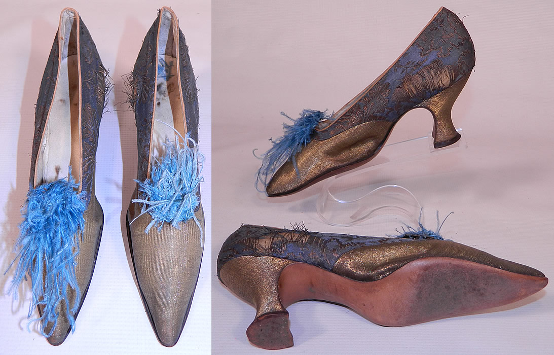 Edwardian Titanic Blue Silk Gold Lamé Damask Brocade Feather Trim Shoes. The shoes measure 10 inches long, 2 1/2 inches wide, with a 3 inch high heel and are stamped inside a size 4. 