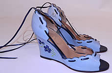 Vintage Shoes by Ivory Blue Leather Floral Embroidery Ankle Strap Wedge Heel