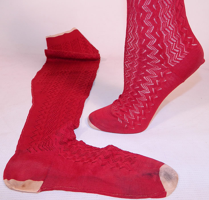 Victorian Red Cotton Knit Chevron Zigzag Pattern Thigh High Stockings Socks
The stockings measure 25 inches long, with a 9 inch long foot and 13 inch circumference at the top opening. They are in good condition and have been gently worn, with only some faint staining on the foot. These are truly a rare red color and wonderful piece of antique Victoriana wearable art!