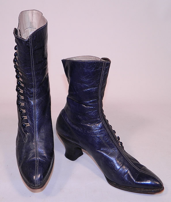 Victorian Women's Navy Blue Leather High Top Button Boots
The boots measure 9 inches tall, 10 1/2 inches long, 3 inches wide, with 2 1/2 inch high heels.