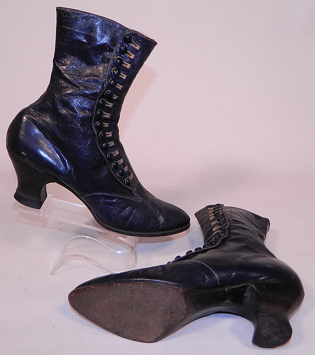 Victorian Women's Navy Blue Leather High Top Button Boots