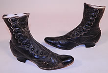 Unworn Victorian Scalloped Side Button Black Leather High Top Boots