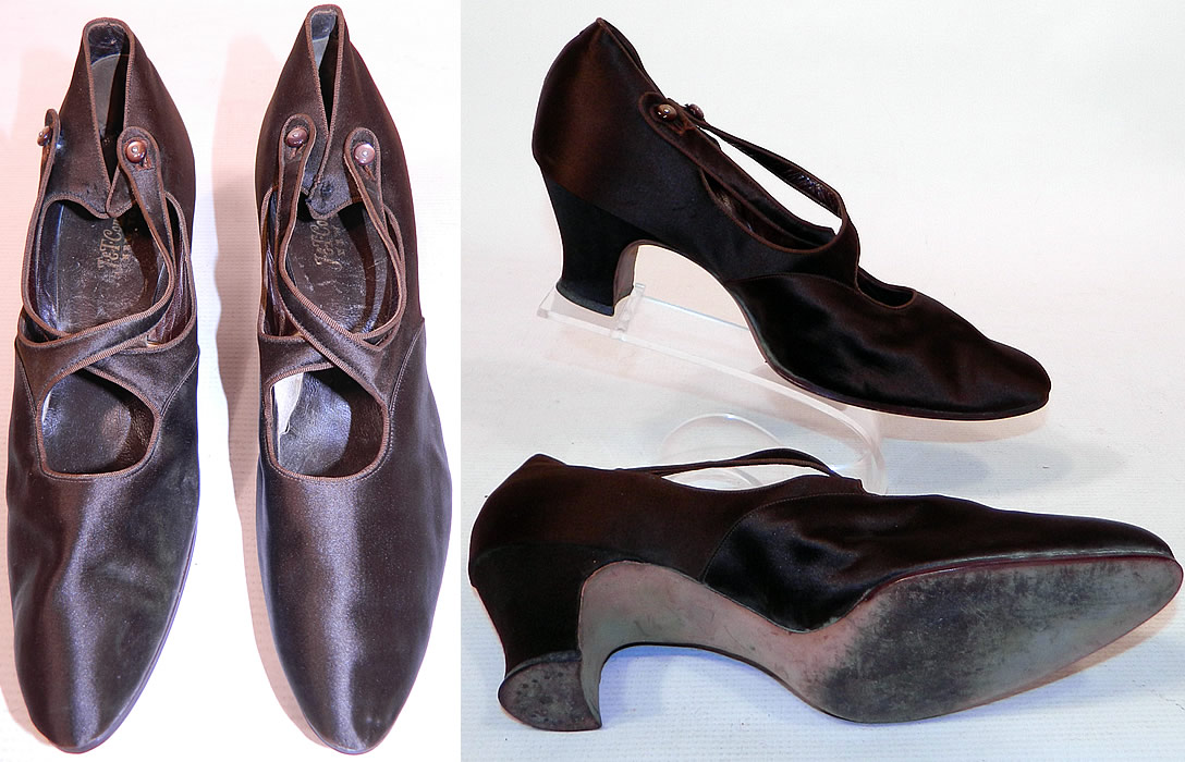 Vintage J&T Cousins Co NY Chocolate Brown Silk Button Strap Mary Jane Shoes
These charming womens Mary Jane style shoes have a criss crossing X double button strap closures across the front instep vamps, pointed toes, silk covered French Louis XV heels and are lined in leather. 