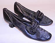 Victorian Black Leather Silk Bow Steel Cut Beaded Louis XV Heel Shoes