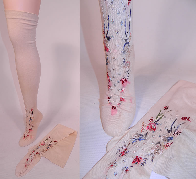 Victorian White Cotton Knit & Embroidered Thigh High Stockings Socks 2 Pairs
They measure 28 inches long, with an 8 inch long foot and have some color bleed stains. These are truly a wonderful piece of antique Victoriana wearable art! 