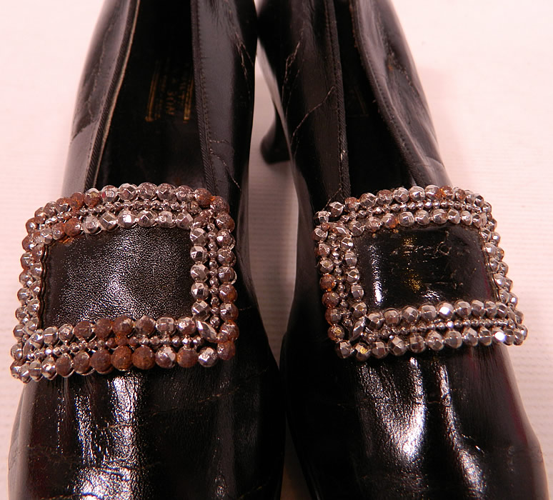 Edwardian Hanan & Son NY Black Patent Leather Steel Cut Buckle Shoes & Shoe Bag
 They have been gently worn and are in good condition, with only some rust discoloration on the steel cut buckles (see close-up). 