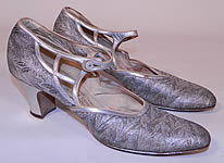 Vintage Silver Leather Lamé Lame Brocade Button Strap Mary Jane Flapper Shoes