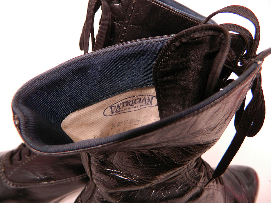 Unworn Victorian Vintage Patrician Label Black Leather High Top Lace-up Boots
They are stamped inside "Patrician". The boots measure 9 inches tall, 11 inches long, 3 inches wide, with 2 inch high heels. 