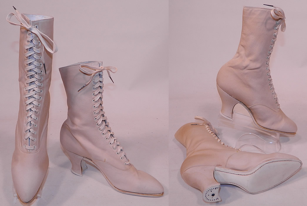 Unworn Victorian Vintage White Cream Canvas High Top Lace-up Boots Shoes
They are old store stock, in unworn good wearable condition, with only some faint staining discoloration on the back from storage. These are truly a rare and beautiful quality made antique women's sportswear boot!