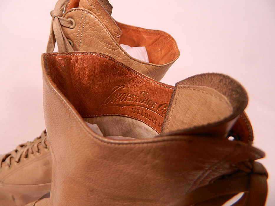 Victorian Antique Ecru Beige Leather High Top Lace-up Boots Swope Shoe Co.
They are stamped inside with a label from "Swope Shoe Co. St. Louis, Missouri".