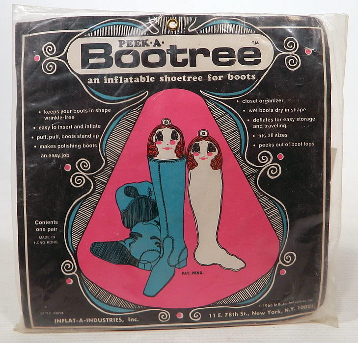 Vintage Peek A Bootree Inflatable Shoetree Boots Pair Retro Mod Women Unused MIP
This pair of vintage Peek A Bootree inflatable shoetree inserts for boots date from 1968. They are made of a clear see through vinyl with colorful whimsical womens faces on the top peeking out.