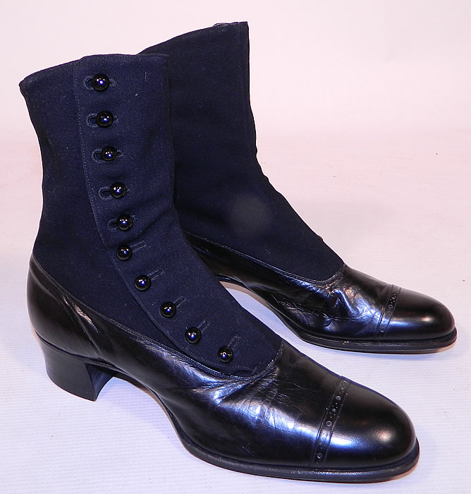 Victorian Black Wool & Leather High Top Button Boots T.E. Moseley Co. Boston
This pair of antique Victorian era black wool and leather high top button boots T.E. Moseley Co. Boston dates from 1900.