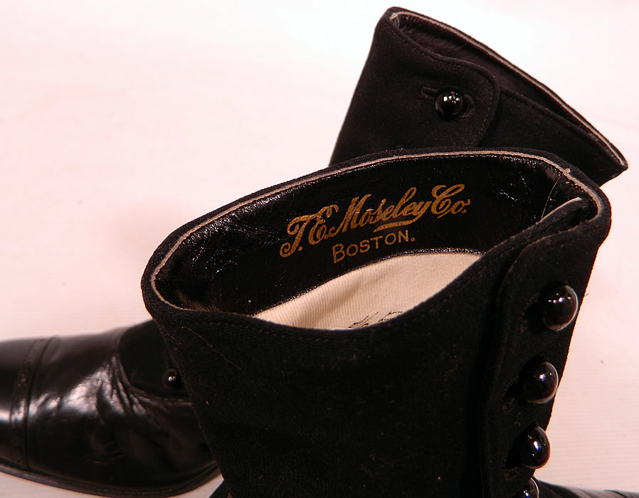 Victorian Black Wool & Leather High Top Button Boots T.E. Moseley Co. Boston
They are stamped inside "T.E. Moseley Co. Boston."