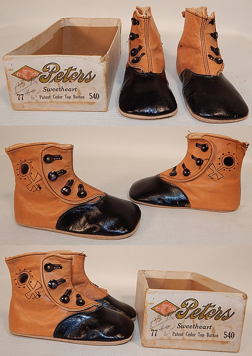 Victorian Peters Sweetheart Tan & Black Leather High Button Baby Boots Childs Shoes
This pair of antique Victorian era Peters Sweetheart tan and black leather high button baby boots child's shoes date from 1900. They are made of a light brown tan leather upper top, black patent leather front toes and decorative cutwork, punchwork designs on the side.