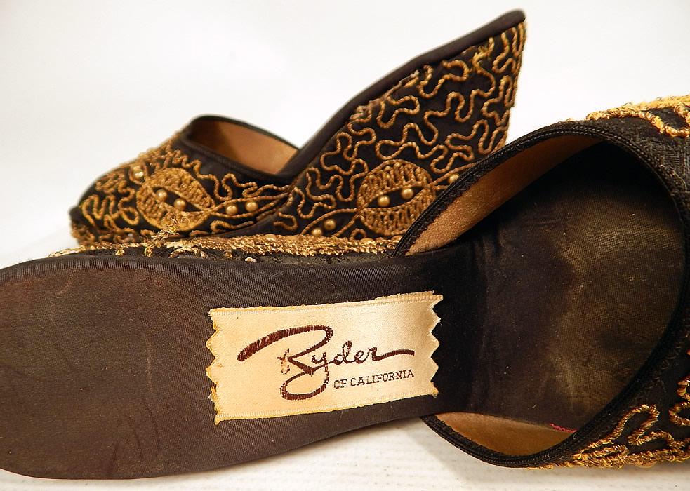 Vintage Ryder of California Black Gold Studded Soutache Wedge Heel Platform Shoes
These are truly a rare and wonderful piece of wearable shoe art!  Label close up.