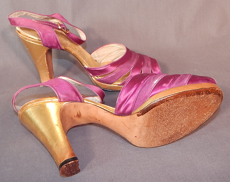 Vintage Purple Silk Satin Ankle Strap Gold Leather Heel Trim Platform Shoes
They are in good condition and have been gently worn, with only minor wear. These are truly a wonderful piece of quality made wearable shoe art!