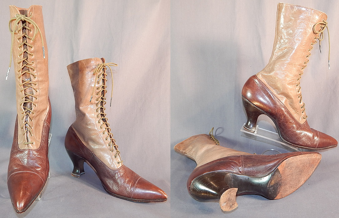 Victorian Antique Brown Two Tone Leather High Top Lace-up Boots Shoes
The boots measure 11 1/2 inches tall, 11 inches long, 3 inches wide, with 2 1/2 inch high heels. These antique boots are difficult to size for today's foot, but my guess would be about a US size 7 1/2 or 8 narrow width.