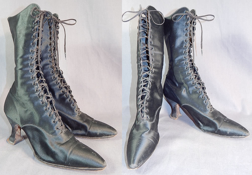 Victorian Vintage Oppenheim Collins & Co. Black Silk Satin High Top Lace-up Boots
They are made of a black silk satin fabric. 