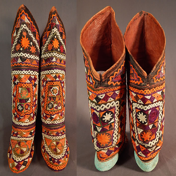 Vintage Antique Turkmen Tribal Ethnic Colorful Embroidered Leather High Top Boho Boots
These beautiful boho boots have a moccasin style with soft leather bottom soles, blue leather trimmed back heels, a tall extended height with knee cap covering and are leather lined inside. 