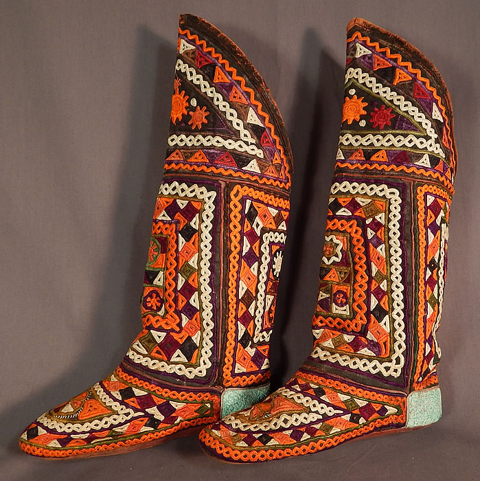 Vintage Antique Turkmen Tribal Ethnic Colorful Embroidered Leather High Top Boho Boots
The boots measure 18 inches tall, 10 inches long and 3 1/4 inches wide. 