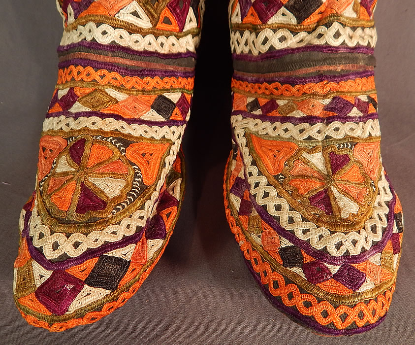 Vintage Antique Turkmen Tribal Ethnic Colorful Embroidered Leather High Top Boho Boots
The boots measure 18 inches tall, 10 inches long and 3 1/4 inches wide.