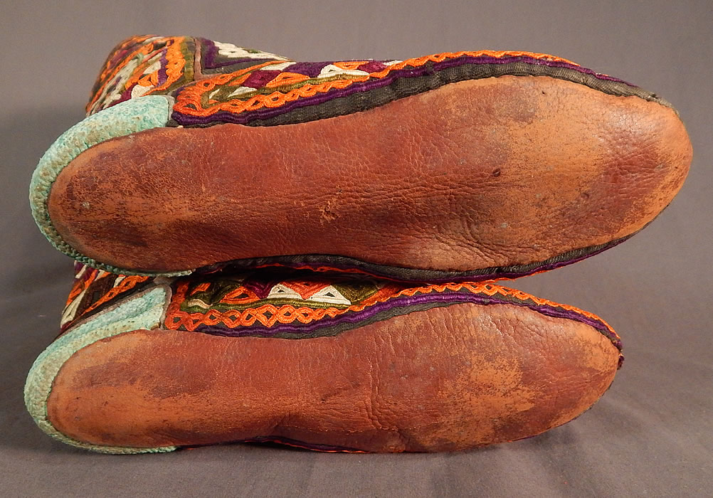 Vintage Antique Turkmen Tribal Ethnic Colorful Embroidered Leather High Top Boho Boots
They are in excellent wearable condition and have been gently worn with minor wear to the leather trim edging. 