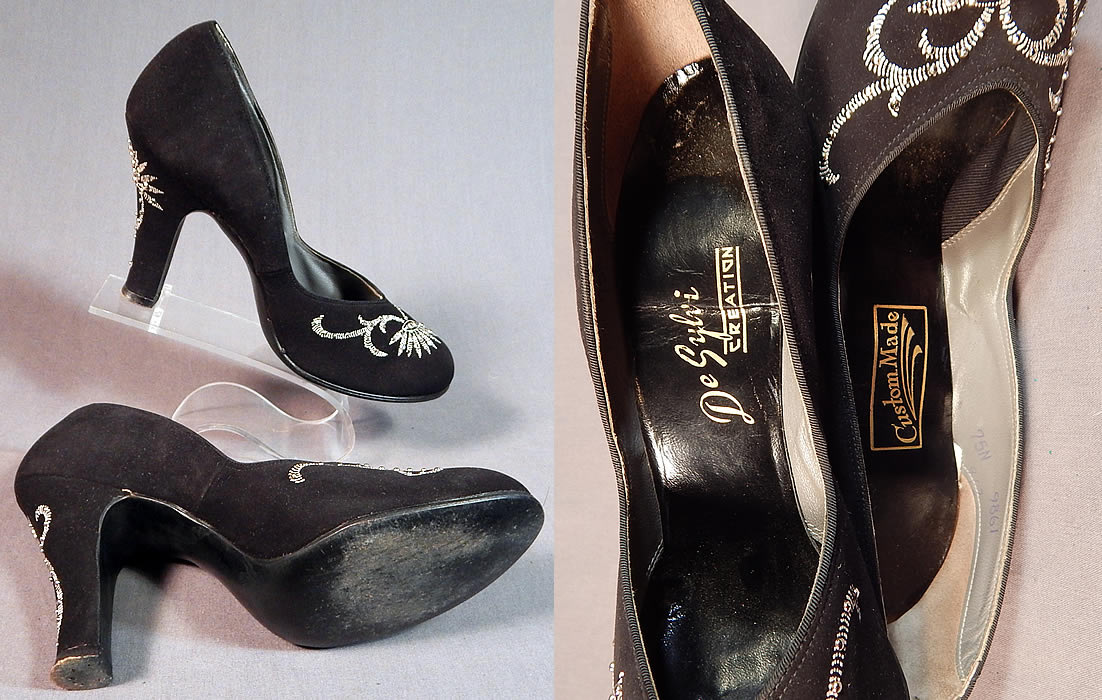 Vintage De Sylvi Creation Hand Painted Black Suede Leather Rhinestone Beaded Shoes
There is a gold embossed stamped label "De Sylvi Creation Custom Made" on the insoles. The shoes measure 10 1/2 inches long, 3 inches wide, with 3 inch high heels and are stamped inside a size 7.5 N.