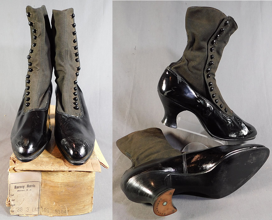 Edwardian Unworn Womens Black Wool Patent Leather High Top Button Boots
They come in the original shoe box covered with a wood grain knotty pine graphics paper with a "Barney Harris Dover, N.J." label size 38 which are approximately a US size 7