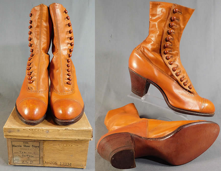 Edwardian Vintage Unworn Womens Tan Leather High Top Button Boots
They have never been worn, and are old store stock stored away in a basement of the store since 1910 still in good wearable condition. These are truly a rare and wonderful piece of quality made wearable shoe art!