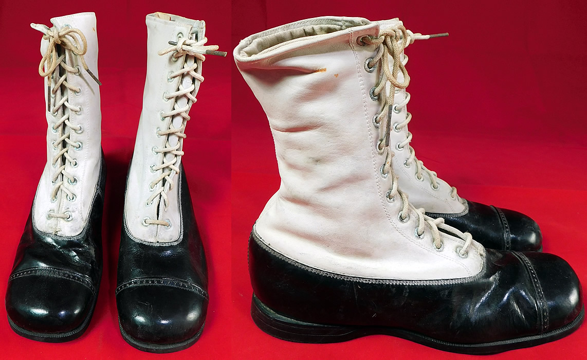 Unworn Vintage Doctor Deans Edwardian Two Tone Black & White Leather High Top Boots
They are old store stock, in unworn good wearable condition, with only some slight discoloration, black scuff marks, faint rust stains on the white leather inside and out from storage.