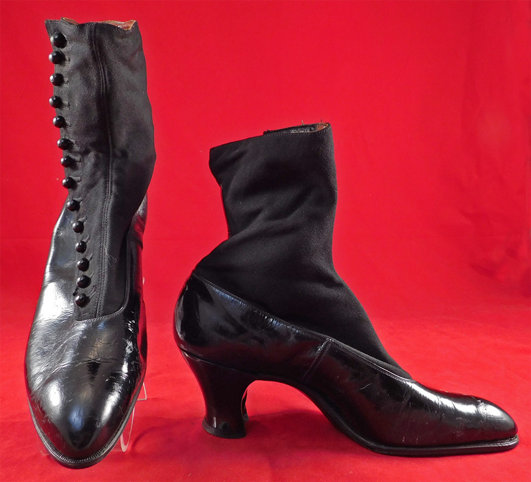 Unworn Edwardian Black Cloth Patent Leather High Top Button Boots & Shoe Box
These antique boots are difficult to size for today's foot, but my guess would be approximately a US size 7 or 8 narrow width. 