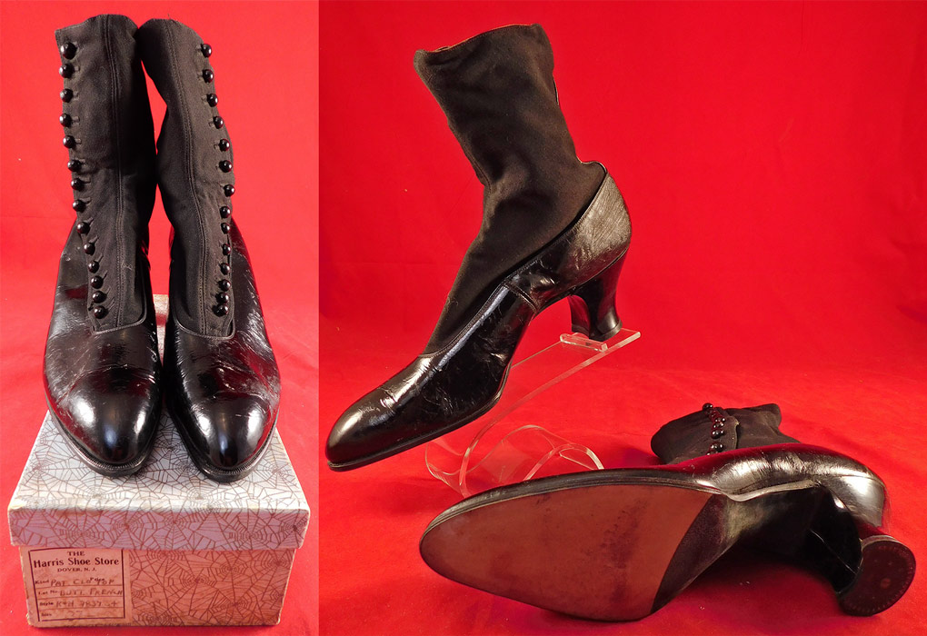 Unworn Edwardian Black Cloth Patent Leather High Top Button Boots & Shoe Box
They have never been worn, and are old store stock stored away in a basement of the store since 1910.