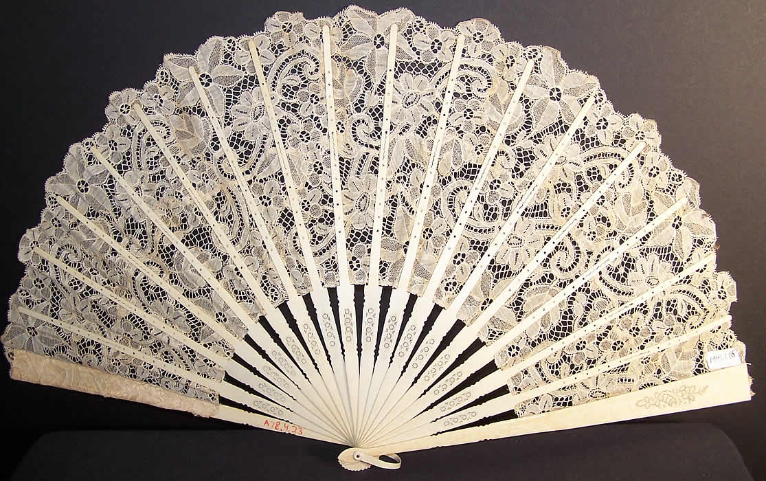 Victorian Leavers Mill Bobbin Lace White Wedding Fan Back View.