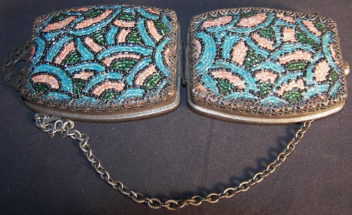 Art Deco Beaded Silver Compact Minaudiere Purse