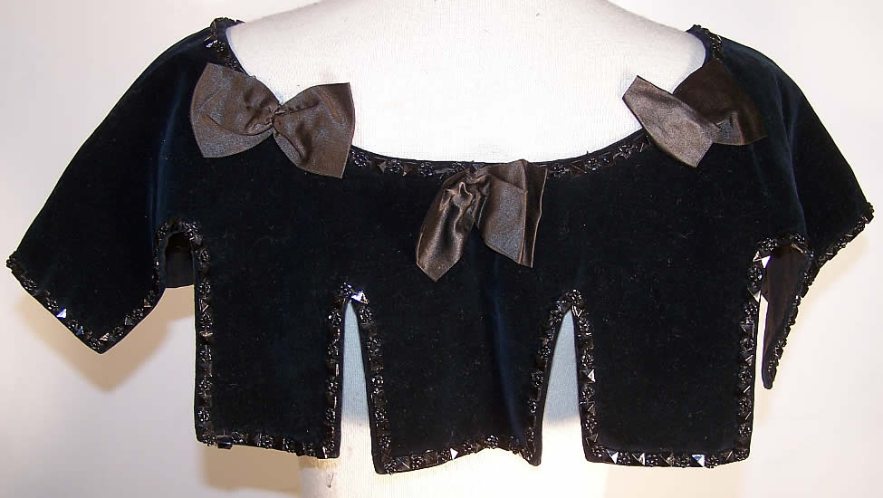 Victorian Midnight Blue Velvet Jet Beaded Bow Capelet Collar Back View.