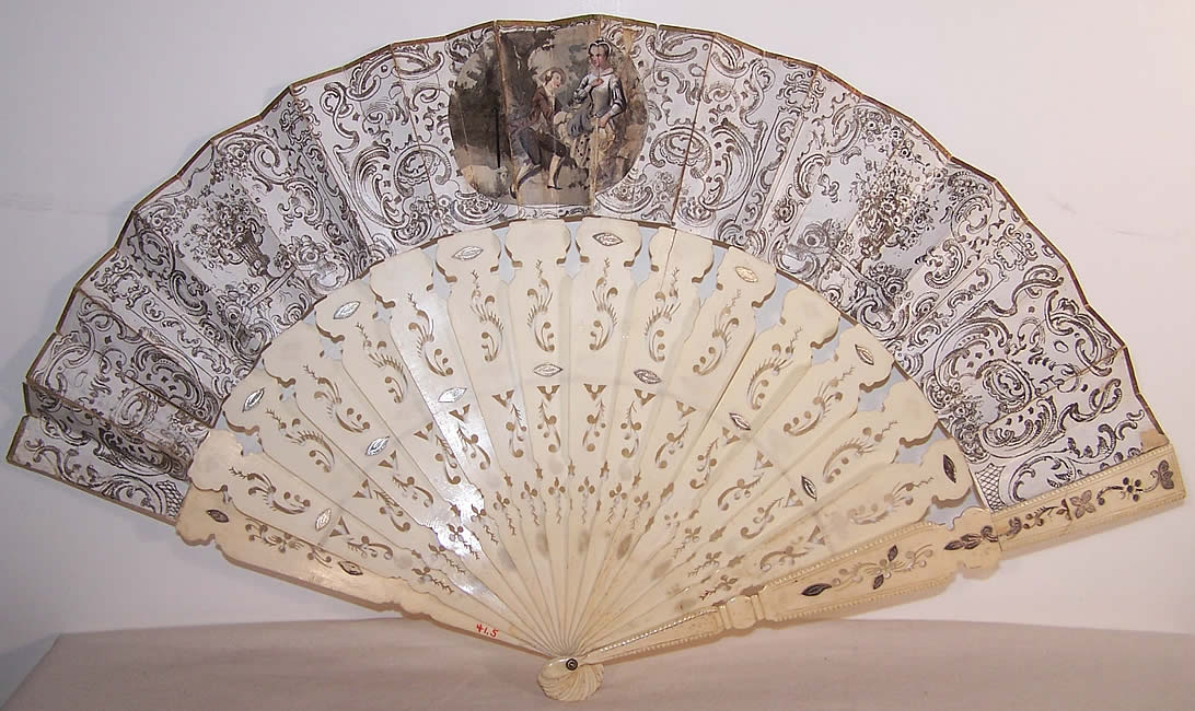 Victorian Italian Lithograph Foil Inlay Pierced Sticks Fan Back View.