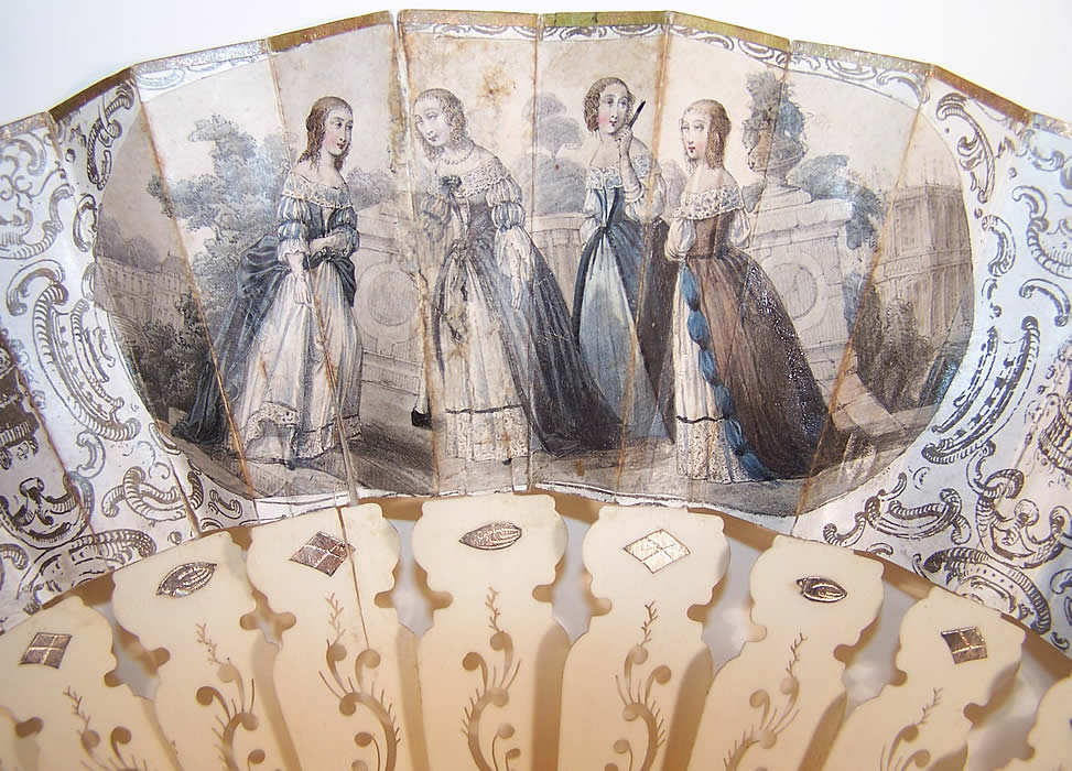 Victorian Italian Lithograph Foil Inlay Pierced Sticks Fan